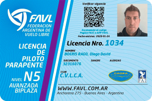 Licencia FAVL 1034 - Diego Boeris - AndusFly Parapente